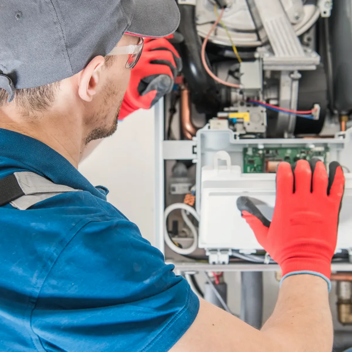 Technician in red gloves servicing a boiler's controls